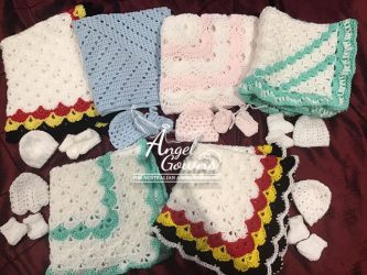 Crocheted blankets, beanies and booties